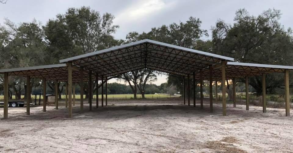 Completed open pole barn front view