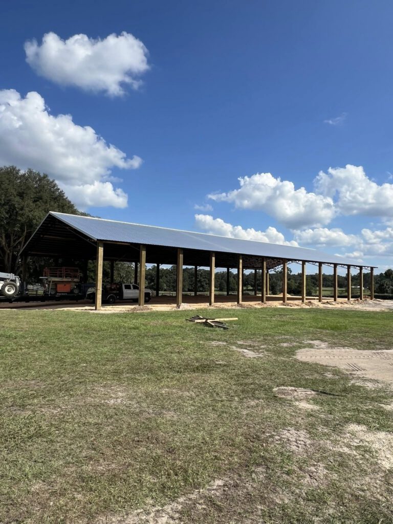 Large completed pole barn side view